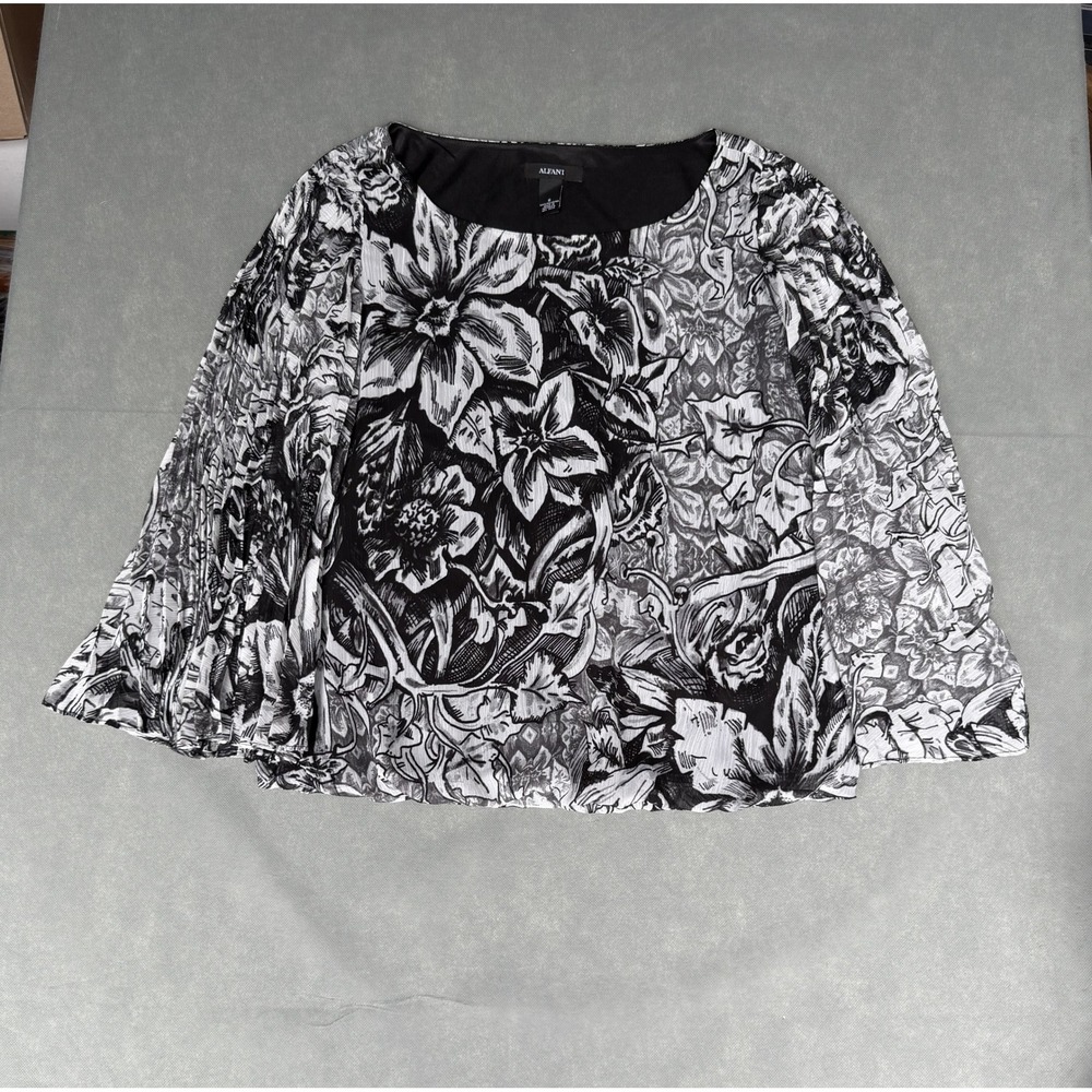 Alfani Womens Black White Floral Pleated Scoop Neck Blouse Size 6
